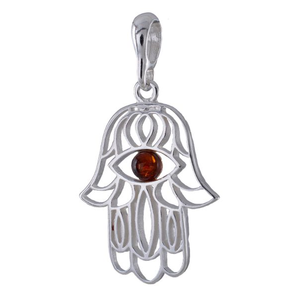 Sterling Silver and Baltic  Honey Amber Hamsa Hand Pendant