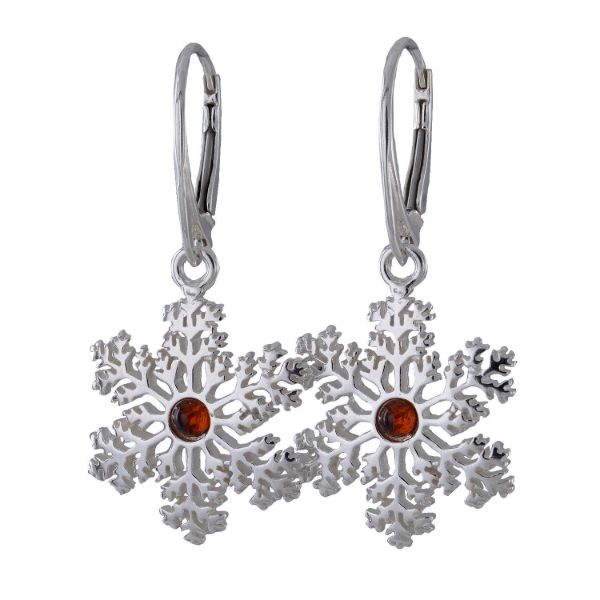 Sterling Silver and Baltic Amber French Lever Back Snowflake Earrings