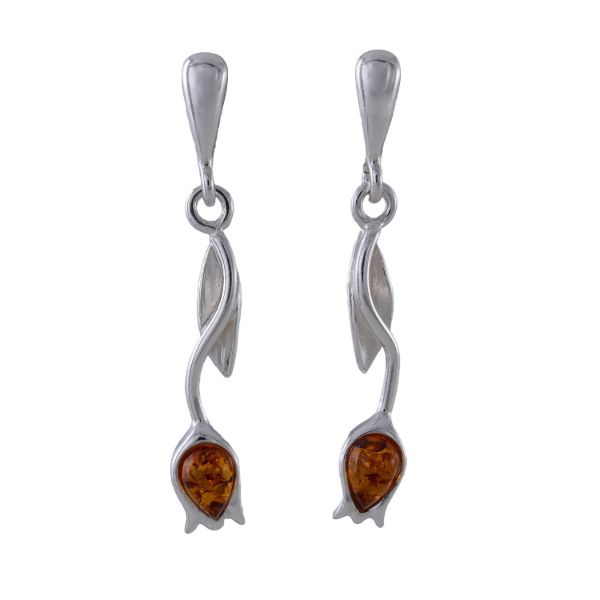 Sterling Silver and Baltic  Honey Amber Post Back Tulip Earrings
