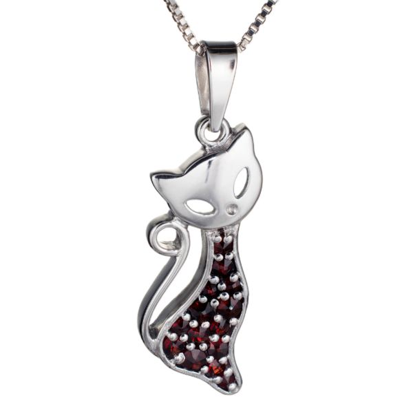 Bohemian Garnet Sterling Silver Cat Pendant