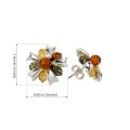 Clemence multicolor Baltic amber bow stud earrings in 925 sterling silver with honey, lemon, and green amber cabochons, shown with size dimensions 0.65 inch (16 mm), front and side view on white background