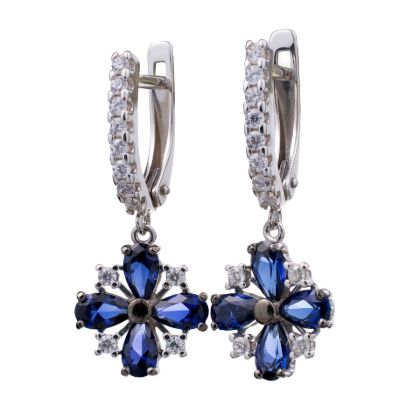 Sterling Silver Lab Created Sapphire and Cubic Zirconia Dangle English Lock Earrings