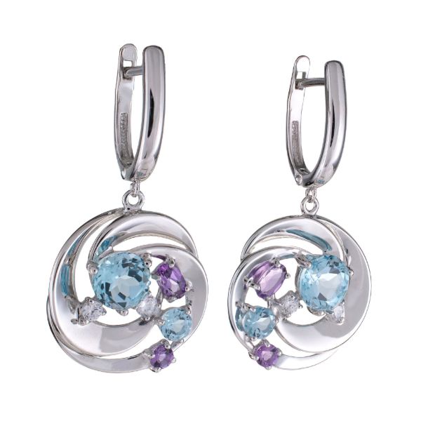 Sterling Silver Amethyst Sky Blue Topaz and Cubic Zirconia Dangle English Lock Earrings