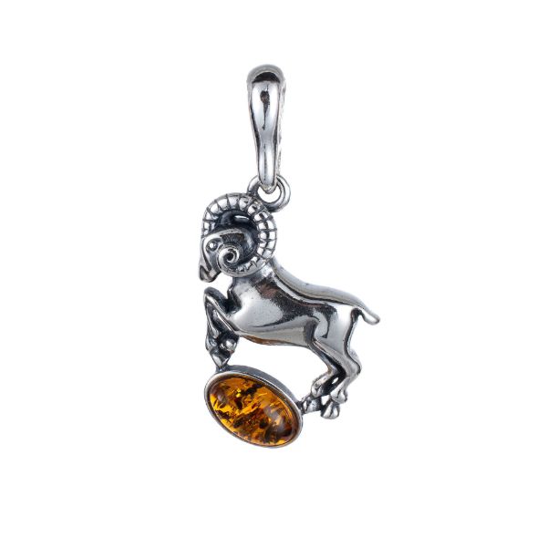 Sterling Silver and Baltic Amber Aries Zodiac Sign Pendant