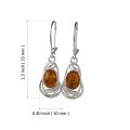 "Mary sterling silver Baltic honey amber drop earrings with size dimensions shown, 1.3 inch length and 0.4 inch width, genuine oval amber stones in 925 silver handcrafted Polish jewelry"
