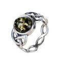 Sterling Silver Baltic Green Amber Celtic Knots Ring