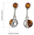 Size chart image of sterling silver Baltic honey amber soccer ball drop earrings showing 0.8 inch (20 mm) total length and 0.34 inch (9 mm) width.