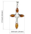 Genuine Baltic honey amber cross pendant in 925 sterling silver with four natural amber stones, showing pendant dimensions 1.75 inch tall by 0.95 inch wide on white background