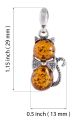 Sterling silver Baltic honey amber cat pendant necklace with bow detail showing size dimensions 1.15 inch tall and 0.5 inch wide, genuine amber lucky kitty charm