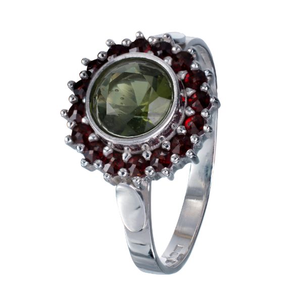 Bohemian Garnet Round Moldavite Ring