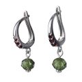 Bohemian Garnet And Moldavite Sterling Silver English Lock Earrings