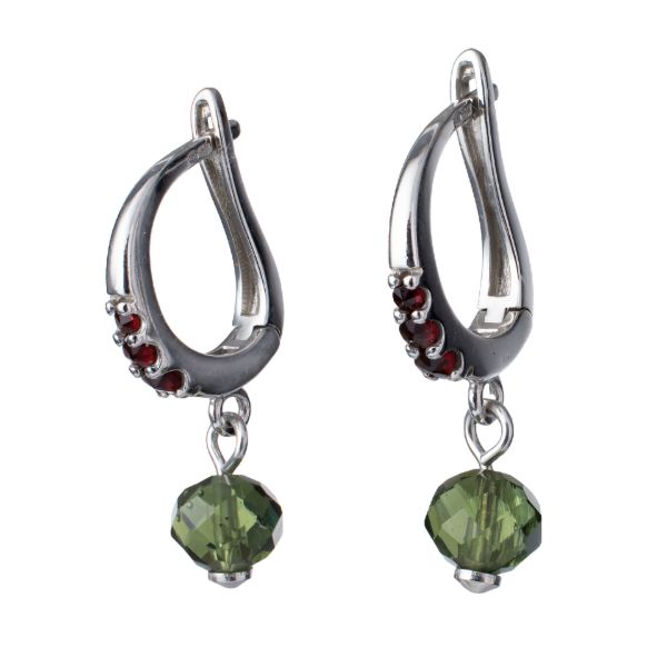 Bohemian Garnet And Moldavite Sterling Silver English Lock Earrings