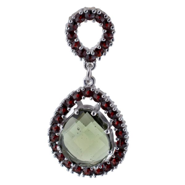Bohemian Garnet And Moldavite Sterling Silver Pear Shaped Pendant