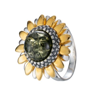 Image of Gold Plated Sterling Silver and Baltic Green Amber Sunflower Ring
