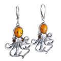 Sterling Silver and Baltic Honey Amber French Leverback Octopus Earrings