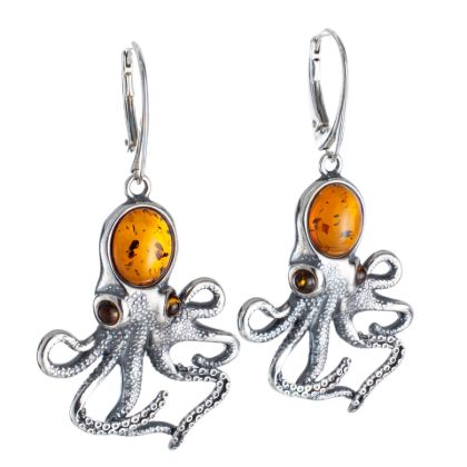 Sterling Silver and Baltic Honey Amber French Leverback Octopus Earrings