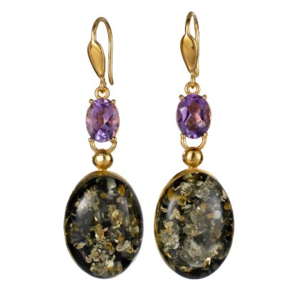 Gold Plated 925 Sterling Silver Green Baltic Amber Earrings