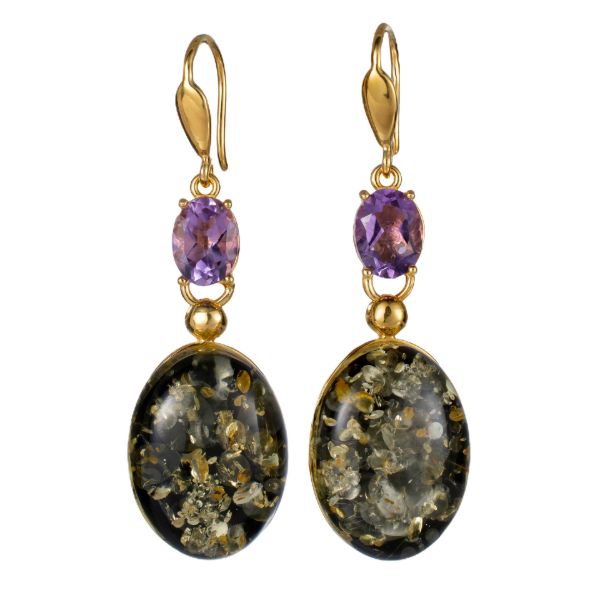 Gold Plated 925 Sterling Silver Green Baltic Amber Earrings