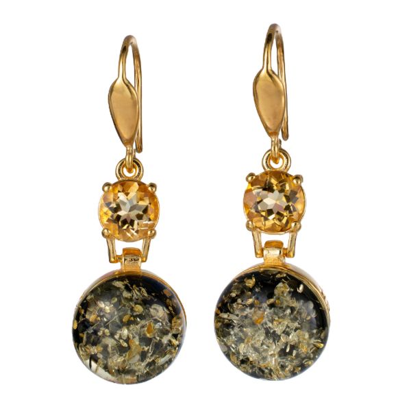 Baltic Green Amber Drop Earrings in Gold-Plated Sterling Silver