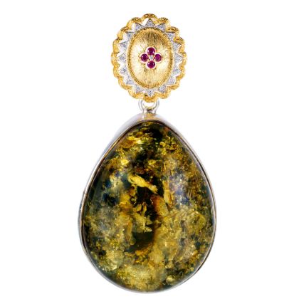 Gold Plated 925 Sterling Silver Green Pear Shaped Baltic Amber Pendant