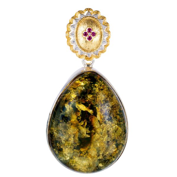 Gold Plated 925 Sterling Silver Green Pear Shaped Baltic Amber Pendant