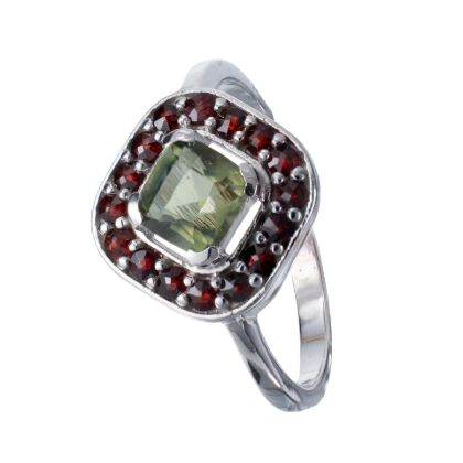 Bohemian Garnet Moldavite Rhombus Ring