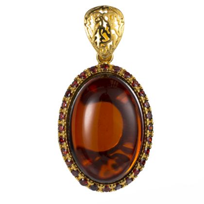 Gold Plated 925 Sterling Silver and Oval Baltic Cherry Amber and Cubic Zirconia Pendant