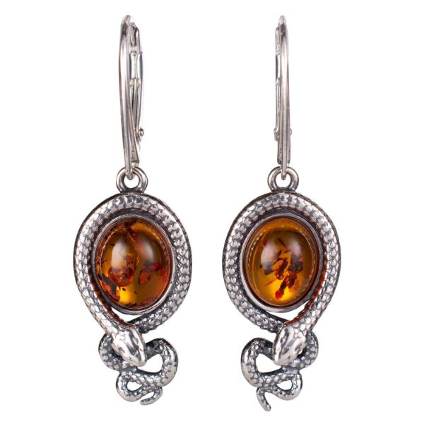 snake earrings, silver amber earrings