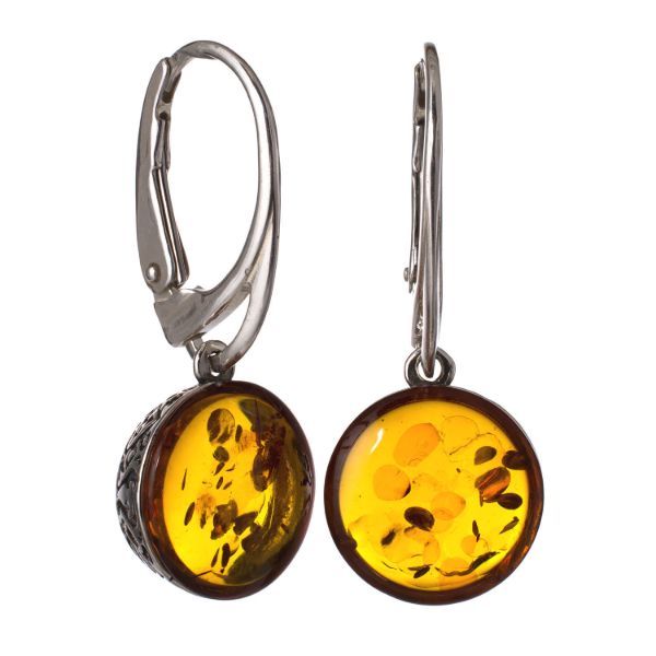 Baltic Honey Amber Round Drop Earrings in Sterling Silver