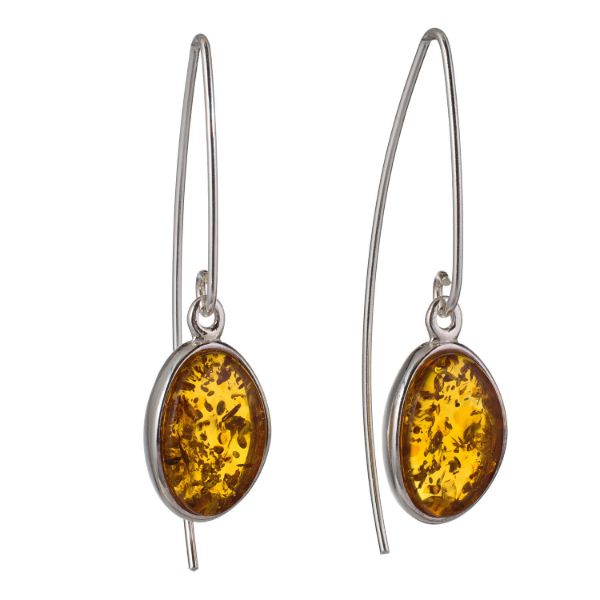 Sterling Silver and Baltic Honey Amber Long Hook Earrings