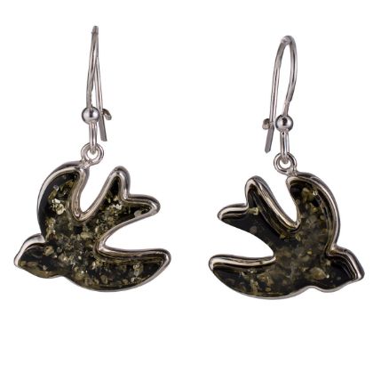 Sterling Silver and Baltic Amber Kidney Hook Green Amber Swallow Earrings