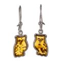 Sterling Silver and Baltic Amber Kidney Hook Honey Amber Owl Earrings