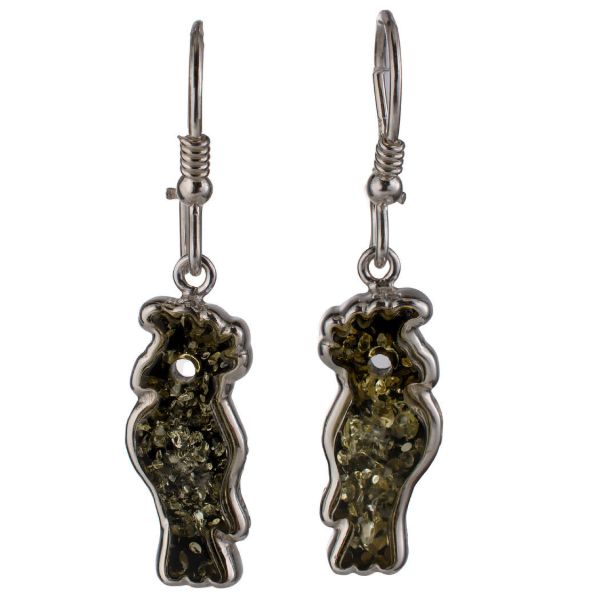 Sterling Silver and Baltic Amber Kidney Hook Green Amber Parrot Earrings