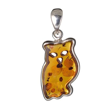 Sterling Silver Honey Baltic Amber Owl Pendant