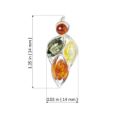 Sterling silver multicolor Baltic amber pendant “April” size chart showing 1.35 inch height and 0.55 inch width with genuine honey, yellow and green amber stones