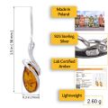 Infographic showing Genuine Baltic honey amber Gemma drop earrings in 925 sterling silver with dimensions 1.5 in x 0.3 in, lightweight 2.60 g, lab certified amber, and made in Poland