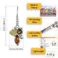 Martina multicolor Baltic amber leverback earrings in 925 sterling silver showing size 1.5 in, lightweight 4.42 g, made in Poland, lab certified amber with lemon yellow, green and honey stones – product measurement infographic