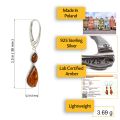 Samara genuine Baltic honey amber dangle earring infographic showing 1.5 in (38 mm) length, 0.3 in (8 mm) width, “Made in Poland,” “925 Sterling Silver” stamp close-up, “Lab Certified Amber” report, and lightweight 3.69 g.