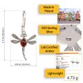 Sterling Silver and Baltic Honey Amber Kidney Hook  Dragonfly Earrings