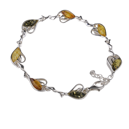 Sterling Silver Multicolored Baltic Amber Bracelet, Amber Jewelry Collection