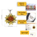 Infographic of multicolor Baltic amber flower pendant necklace in 925 sterling silver showing 1.7 inch length, 1.25 inch width, 6 gram weight, made in Poland, and lab certified amber details.
