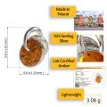 Genuine Baltic honey amber pendant in 925 sterling silver, 0.9 inch handmade Polish necklace, lab certified amber, lightweight 3.08 g with dimensions shown