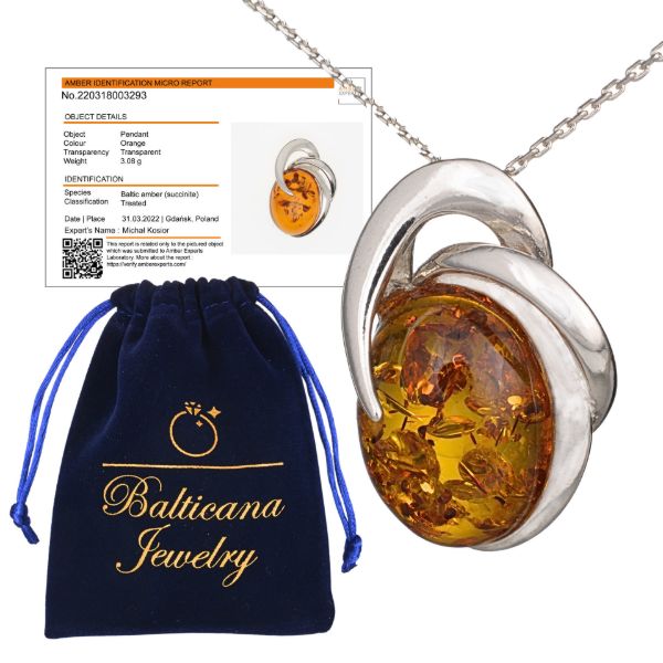 Genuine Baltic honey amber pendant necklace in 925 sterling silver with 18 inch chain, Beaming Sun handmade Polish amber jewelry with certificate and velvet pouch