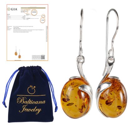 GIA Certified Sterling Silver and Baltic Honey Amber Oval Earrings