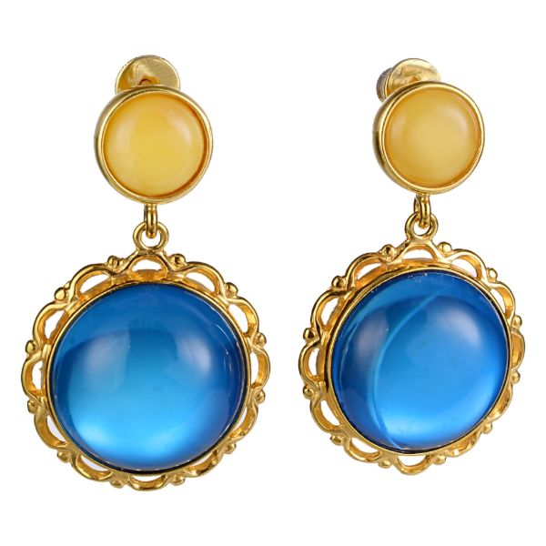 Gold Plated 925 Sterling Silver Butterscotch and Blue Baltic Amber Earrings