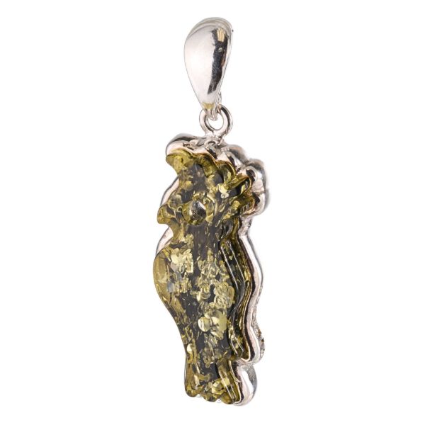 Sterling Silver Green Baltic Amber Parrot Pendant