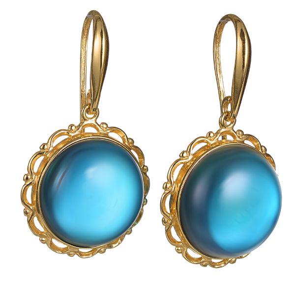 Gold Plated 925 Sterling Silver Blue Baltic Amber Dangling Fish Hook Earrings