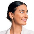 Model wearing genuine Baltic honey amber rectangular drop earrings in 925 sterling silver with kidney hook closure, handcrafted Polish amber jewelry