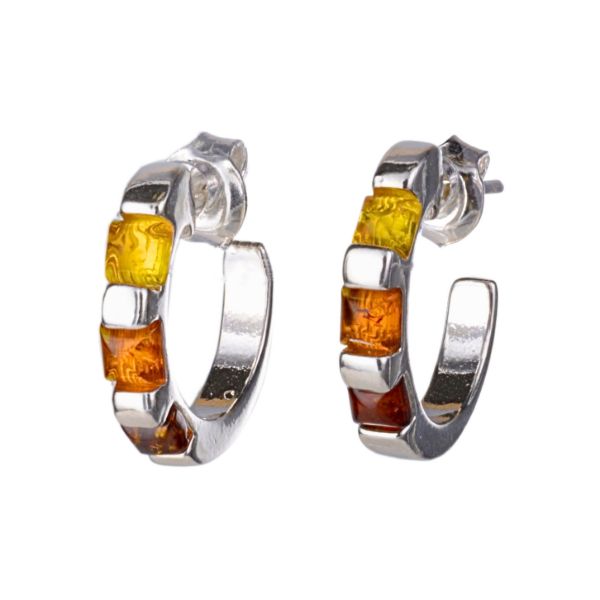 Multicolor Baltic Amber Hoop Earrings in Sterling Silver