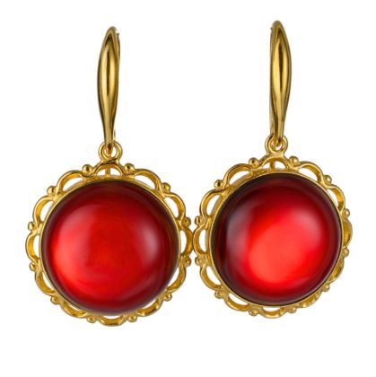 Gold Plated 925 Sterling Silver  Baltic Red Amber Dangling Fish Hook Earrings